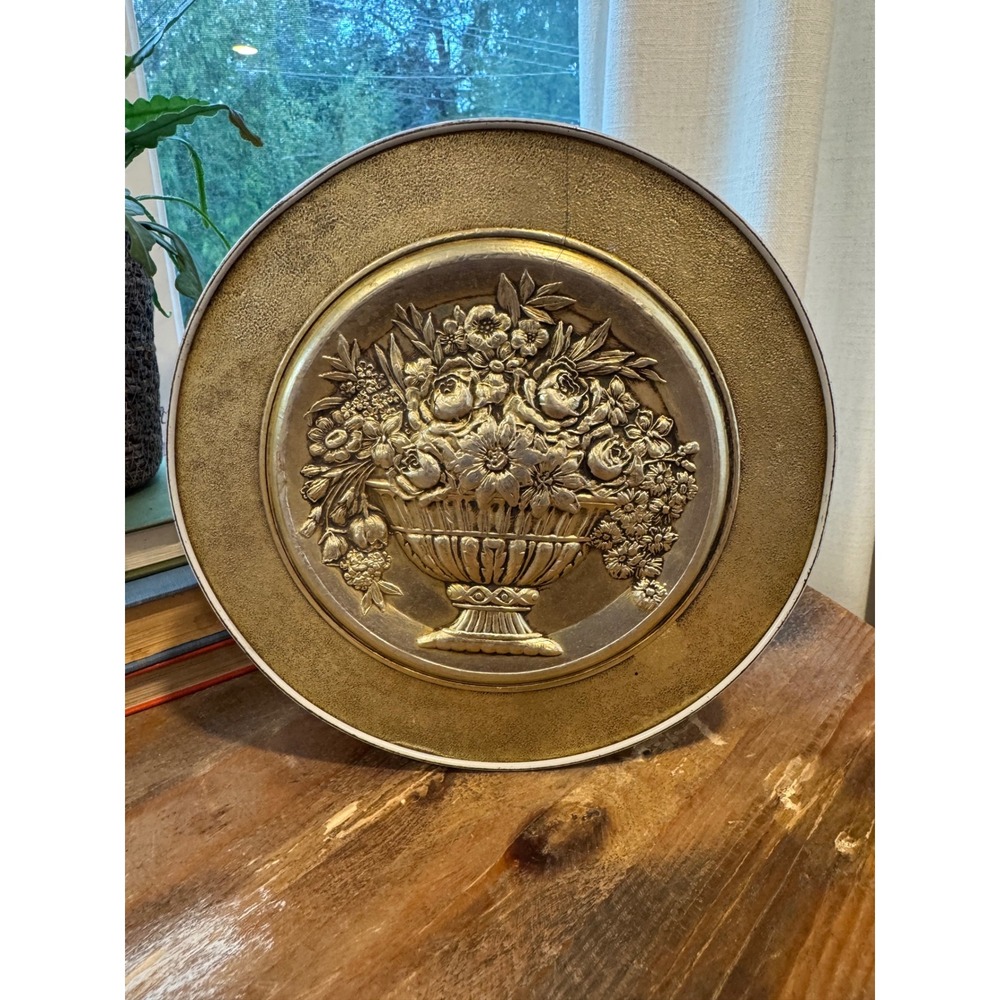Vintage Embossed Metal Floral Tin Gold Silver Tone Wheat Greek Key 8 Inch
